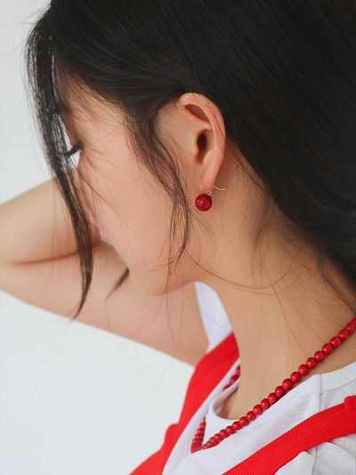 modernlike 14k Gold Red Pearl Ring Earrings