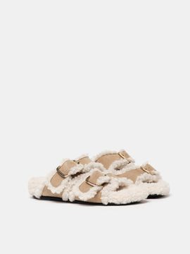 MODIATTICO Italian Suede Shearling Buckle Slipper [Beige]