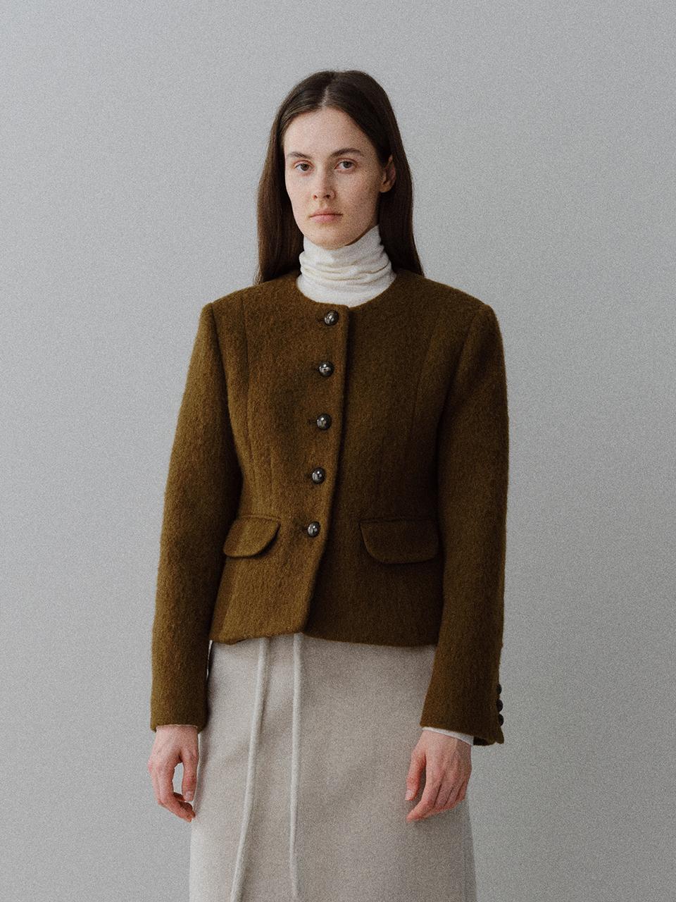 MOHAN Alpaca Wool No-Collar Cropped Structured Jacket [BEIGE/BROWN]