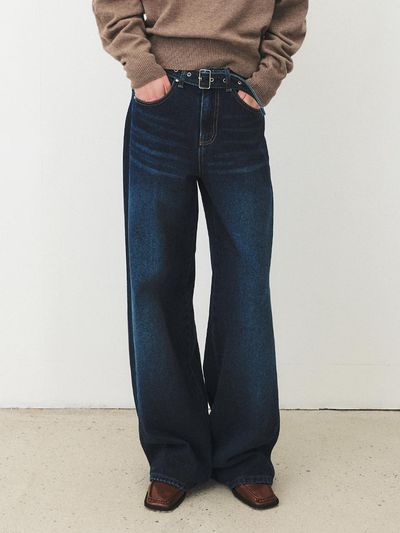 MOHAN Belted Loose Fit Cotton Denim Pants [Deep Blue]