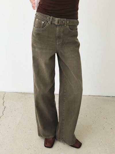 MOHAN Belted Loose Fit Denim Pants [Khaki Brown]
