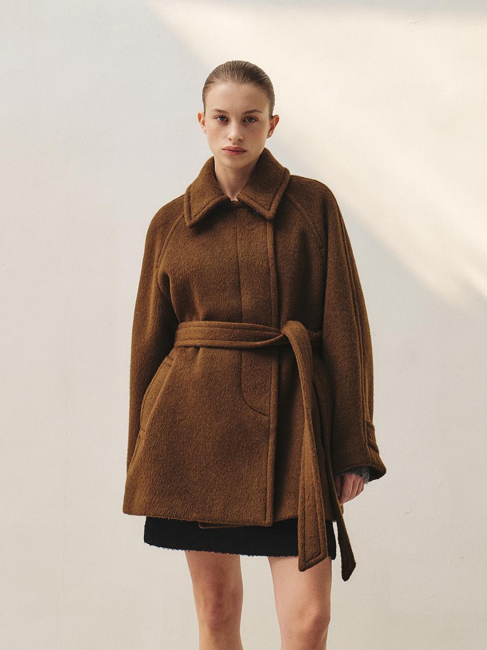 MOHAN Camel Hair Semi Double Stand Collar Coat