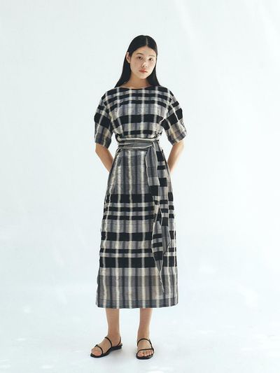 MOHAN Check Pattern Wrap Waist Tie Dress