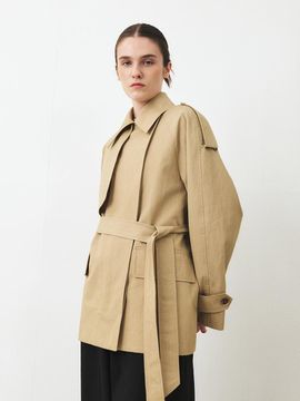 MOHAN Classic Half Cotton-Nylon Structural Trench Coat [Beige/Black]
