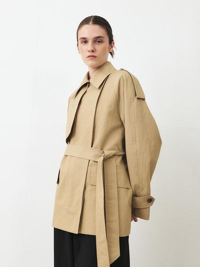 MOHAN Classic Half Cotton-Nylon Structural Trench Coat [Beige/Black]