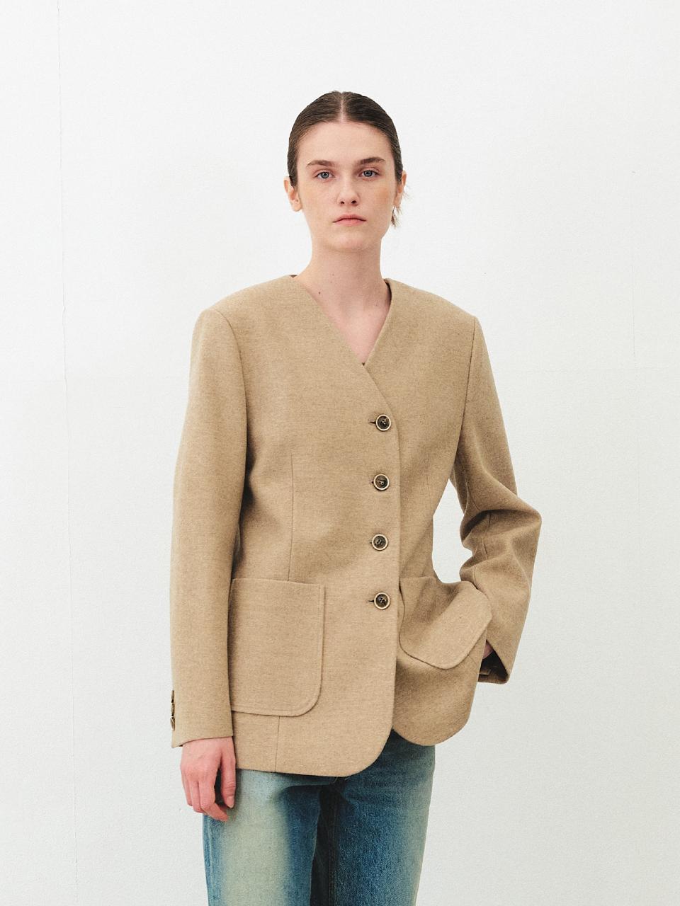 MOHAN Collarless Wool Blend Minimal Blazer