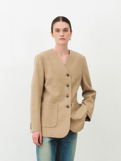 MOHAN Collarless Wool Blend Minimal Blazer