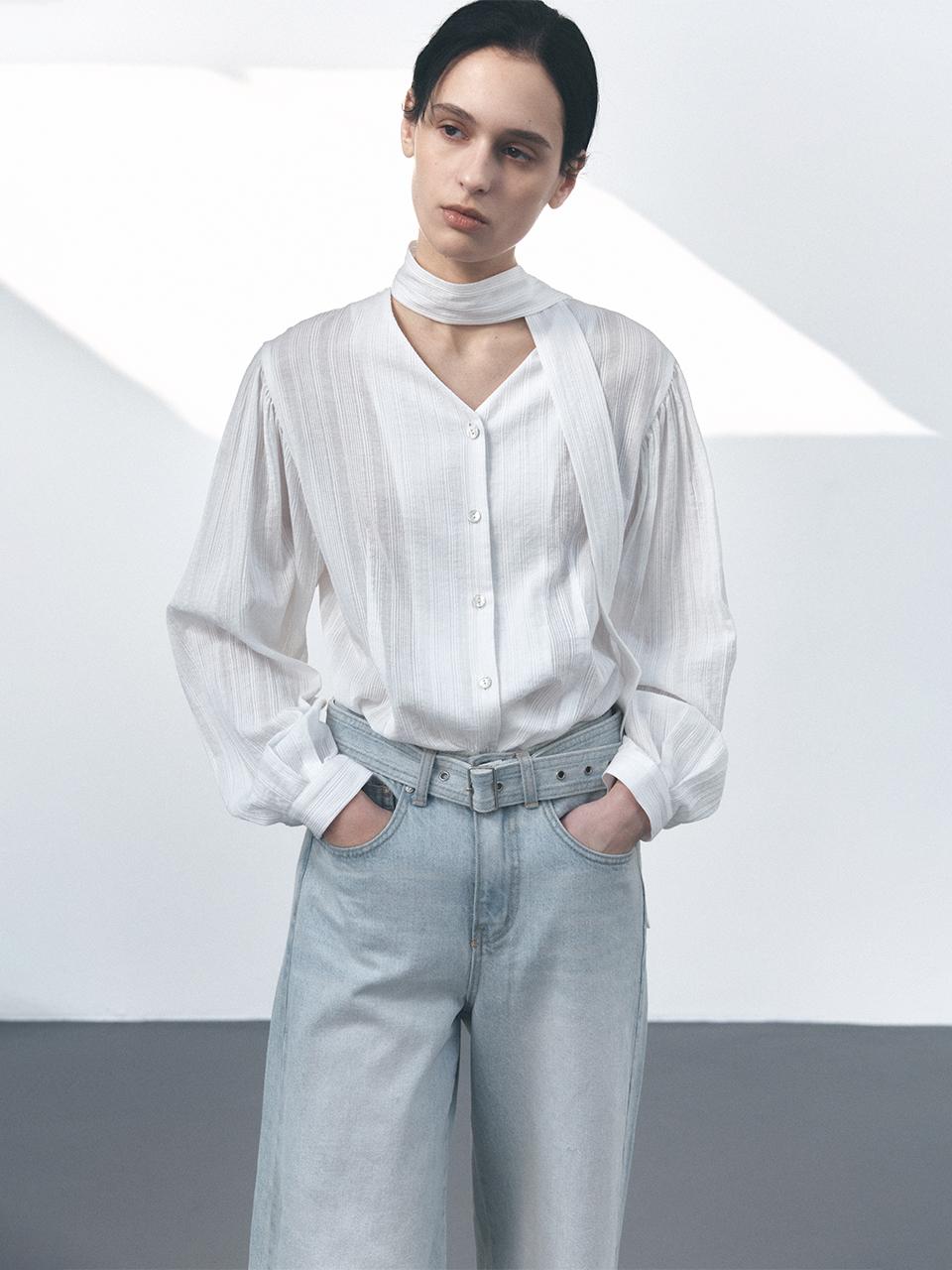 MOHAN Cotton Yoryu Scarf Button-Front Blouse