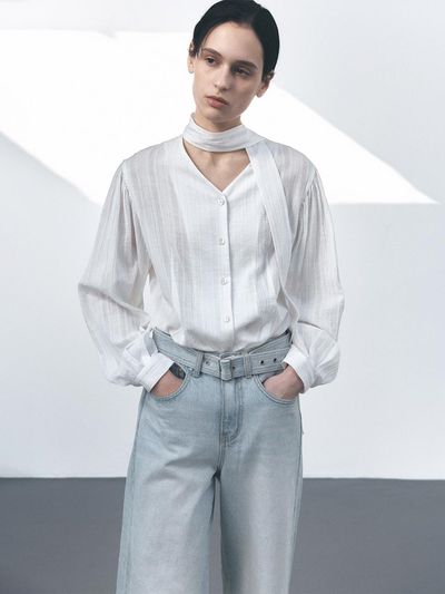 MOHAN Cotton Yoryu Scarf Button-Front Blouse