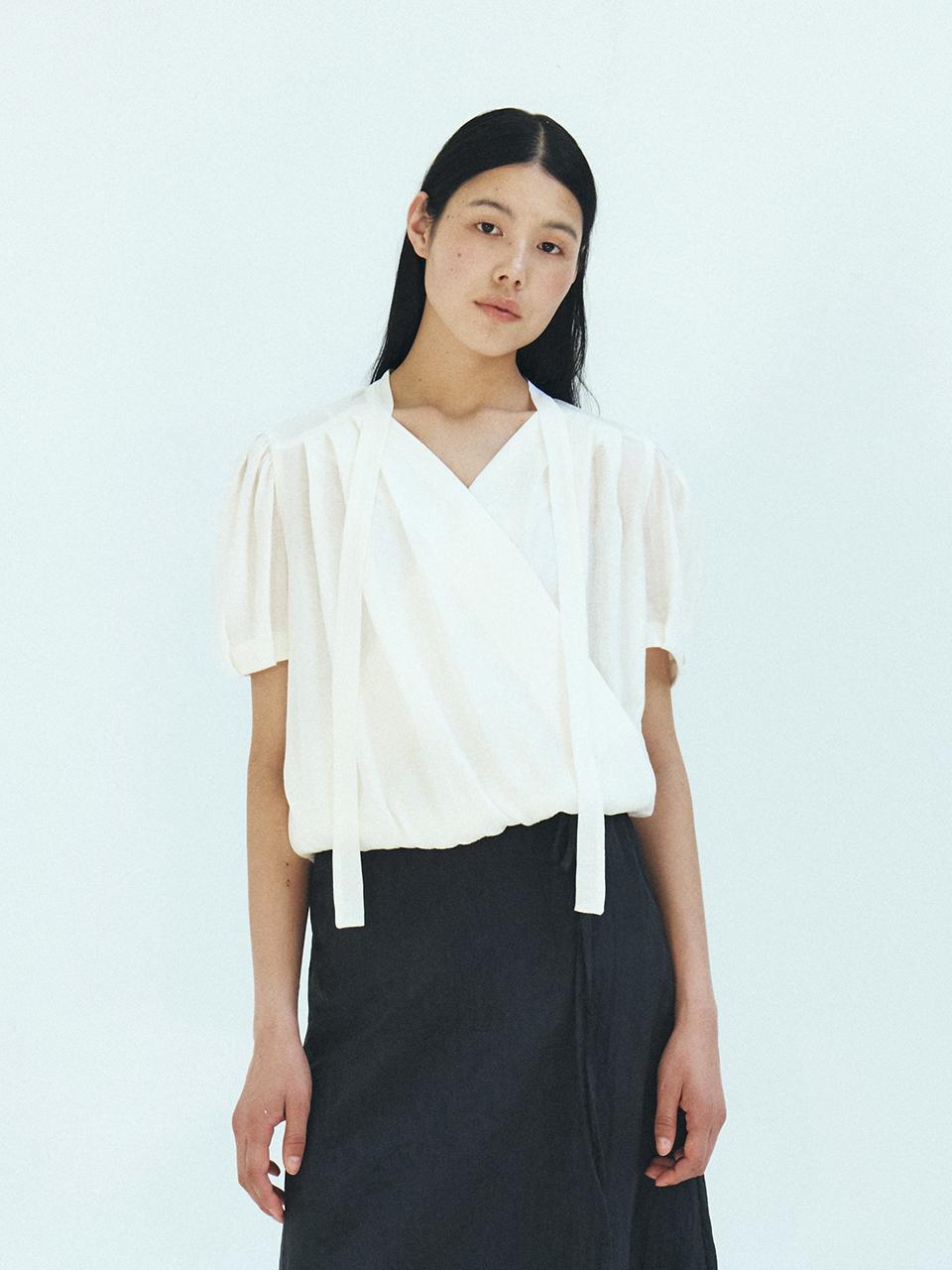MOHAN Crinkle Wrap Scarf Blouse [White, Sky Blue]
