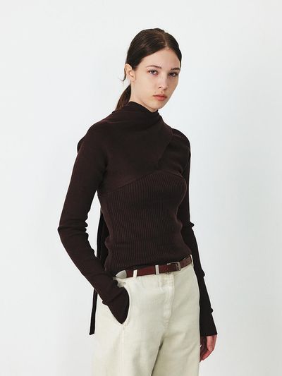 MOHAN Draped Ribbed Muffler Knit Top [3COLORS]