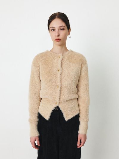 MOHAN Fluffy Round Neck Fitted Knit Cardigan [3COLORS]