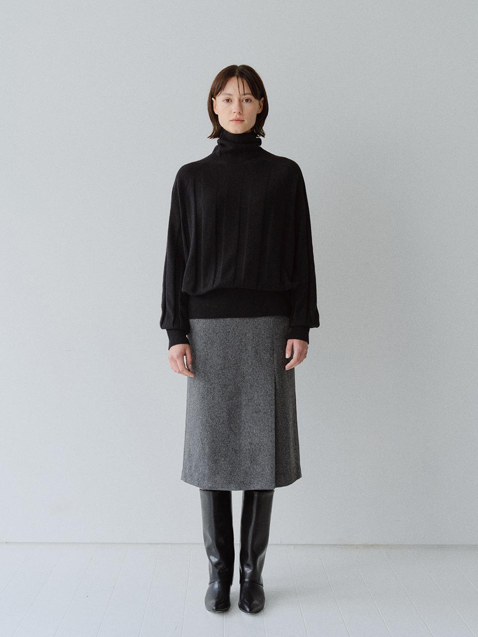 MOHAN Front Slit Semi H-line Wool Blend Skirt