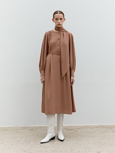 MOHAN Front Tuck Scarf Button Tie Neck Dress