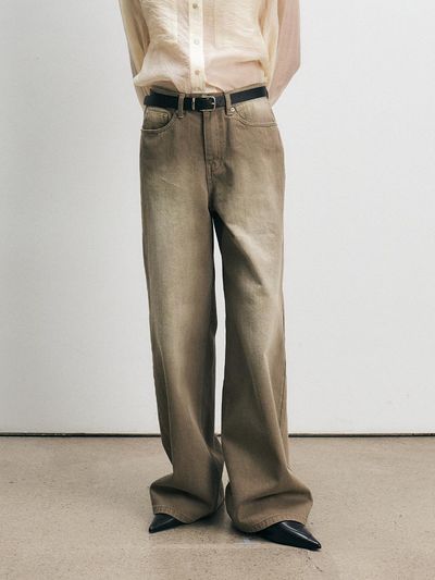 MOHAN Loose Fit Vintage Wash Denim Pants [Khaki Brown]