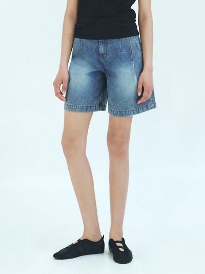 MOHAN One Tuck A-line Cotton Denim Pants [Blue, Light Grey]