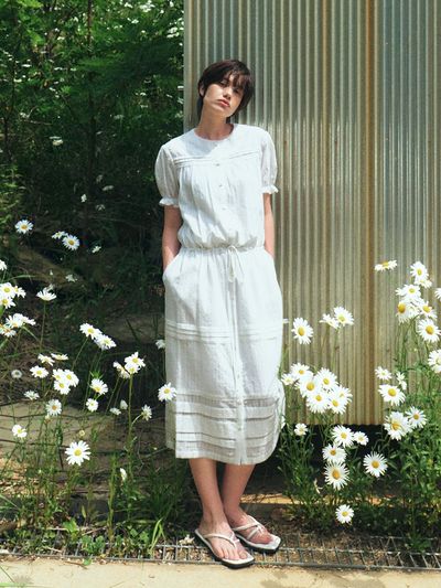 MOHAN Puff Sleeve Lace Tucked Pleated Dress