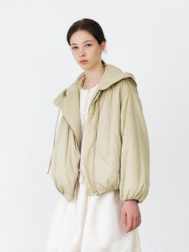 MOHAN Shirring Volume Detachable Hood Bomber Jacket [BEIGE/BLACK]