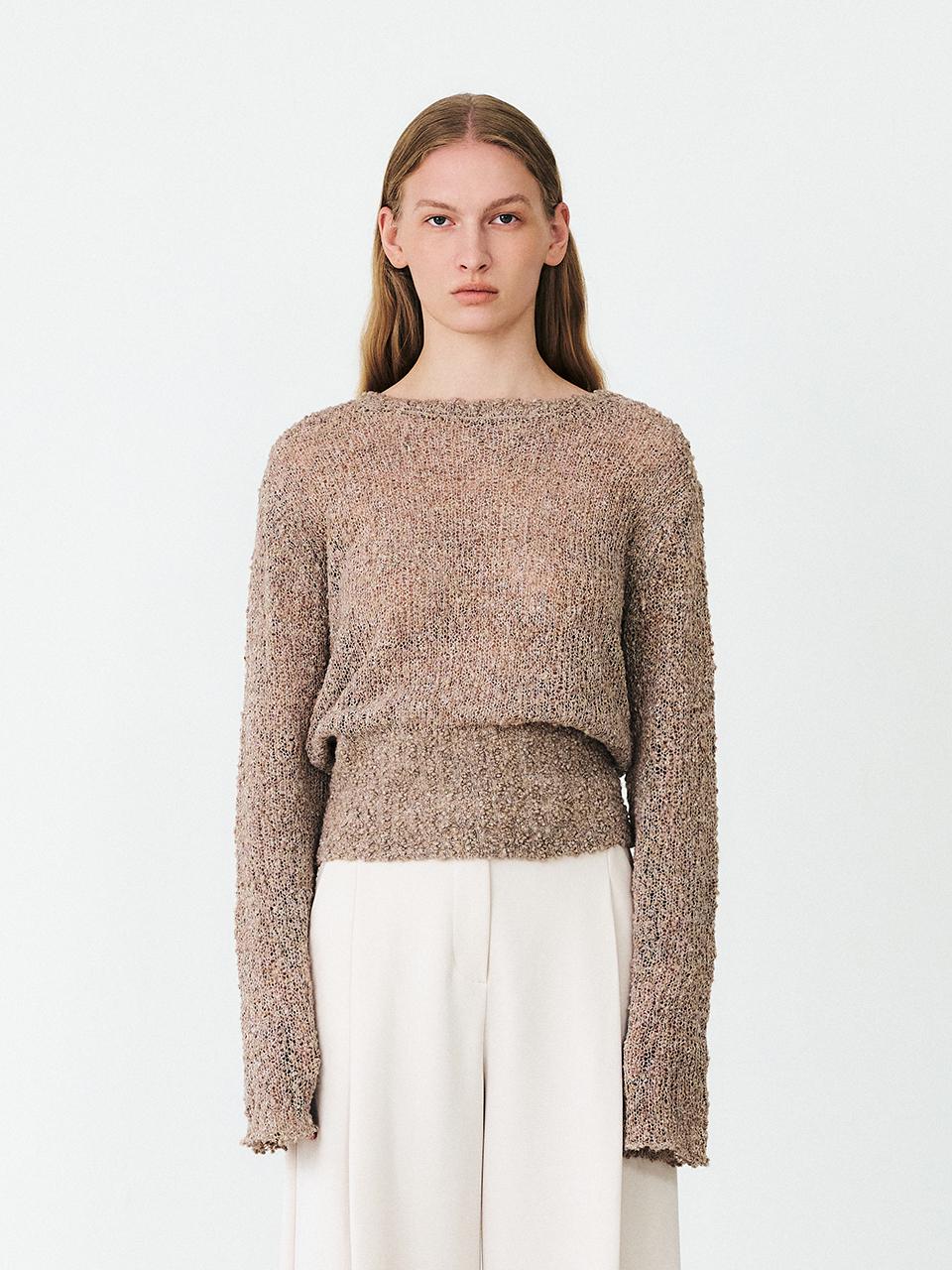 MOHAN Textured Round Neck Blouson Knit Top [BROWN/CHARCOAL]