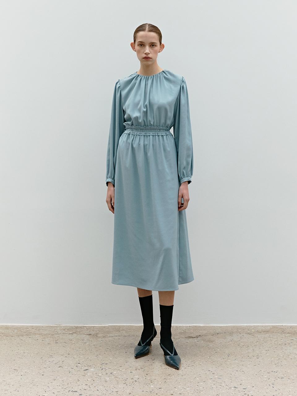 MOHAN Volume Shirring Waist Belt Dress [Smoke Blue, Black]