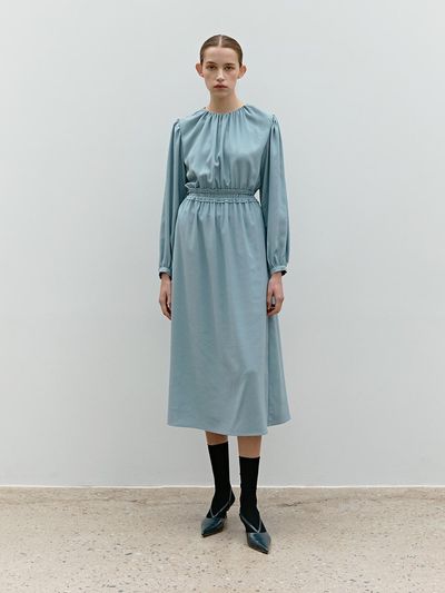 MOHAN Volume Shirring Waist Belt Dress [Smoke Blue, Black]