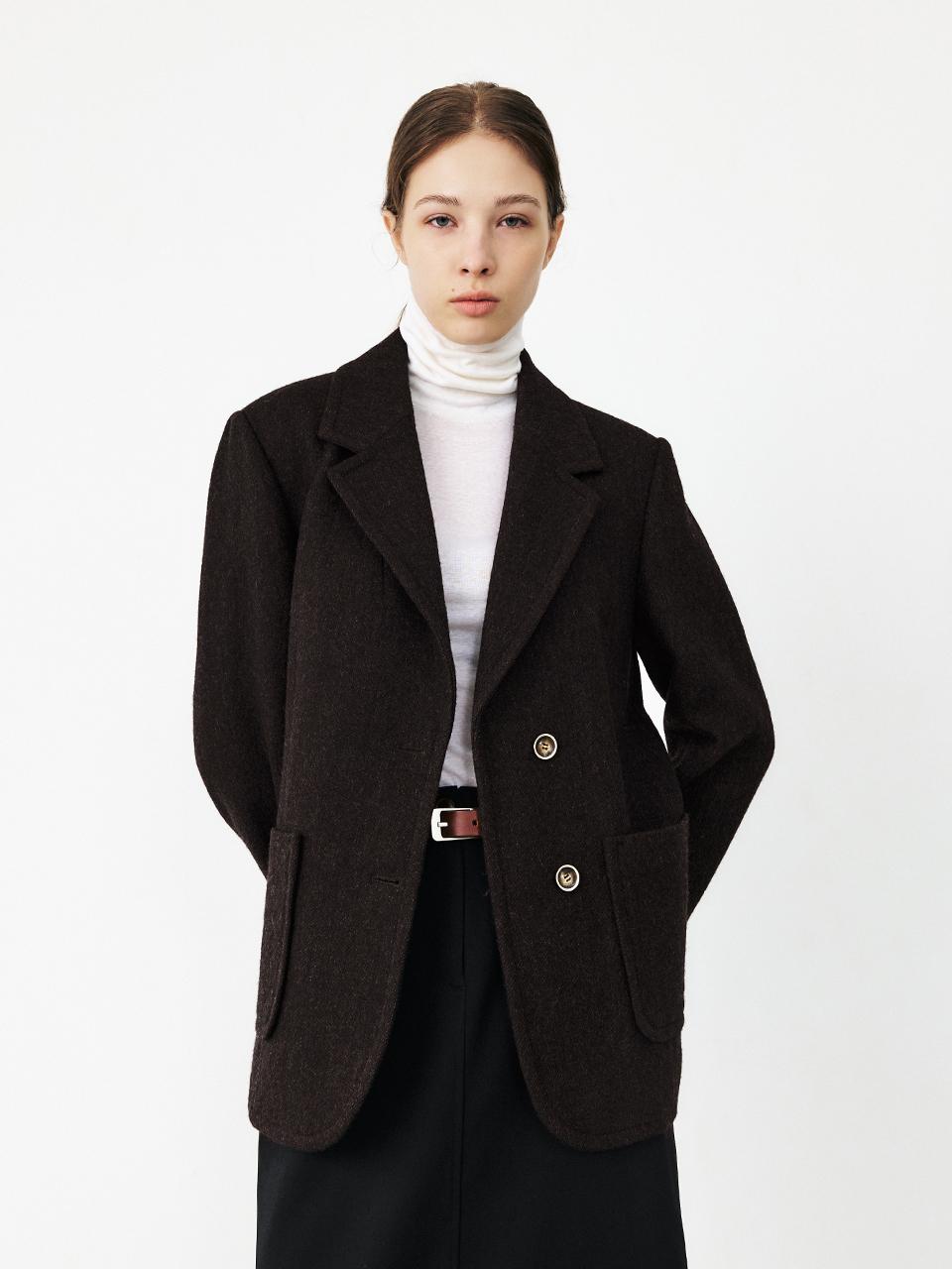 MOHAN Wool Tweed Out Pocket Blazer [D-BROWN]
