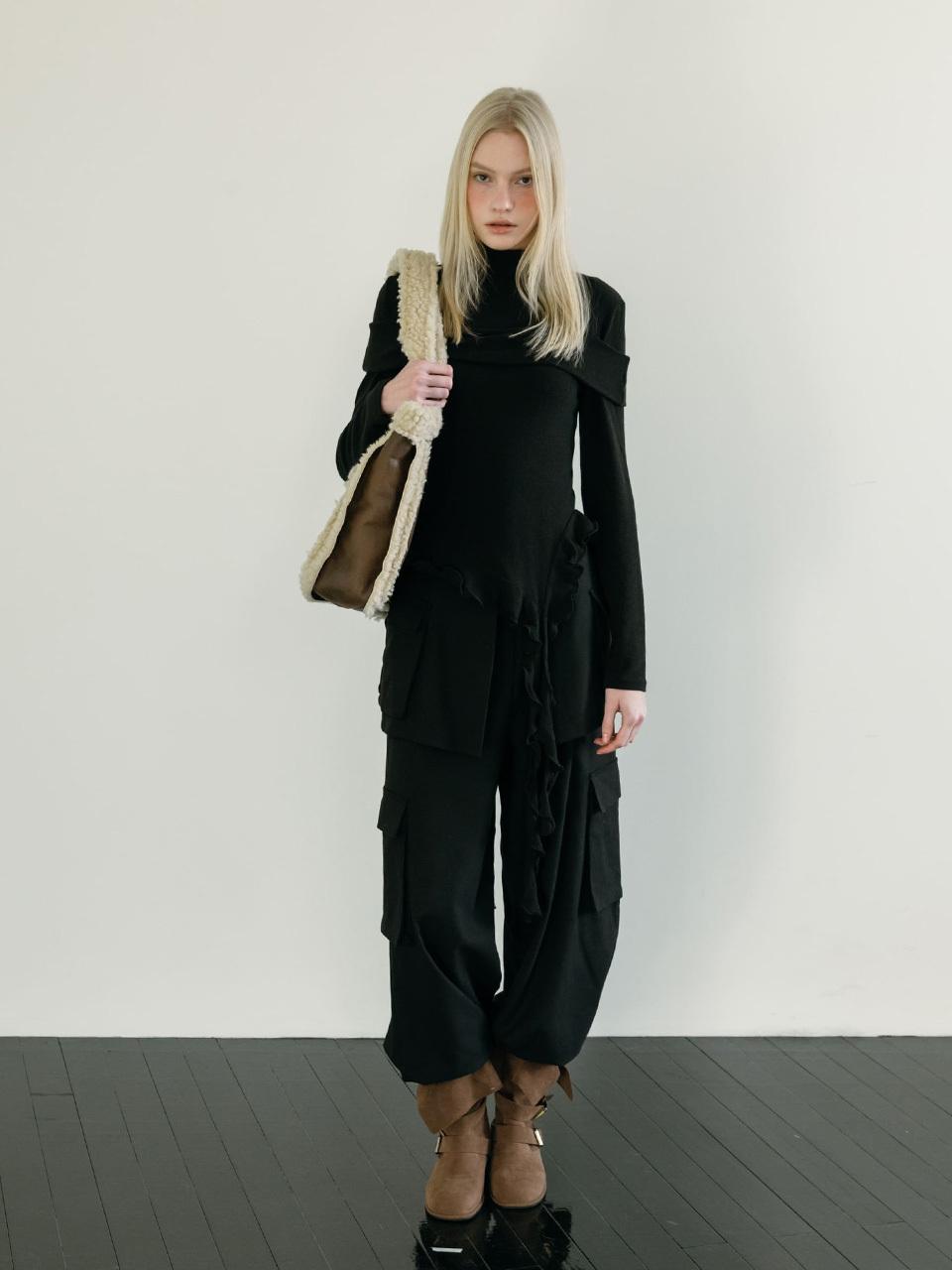 MOIFAIRE WOOL POCKET LAYERED PANTS / BLACK
