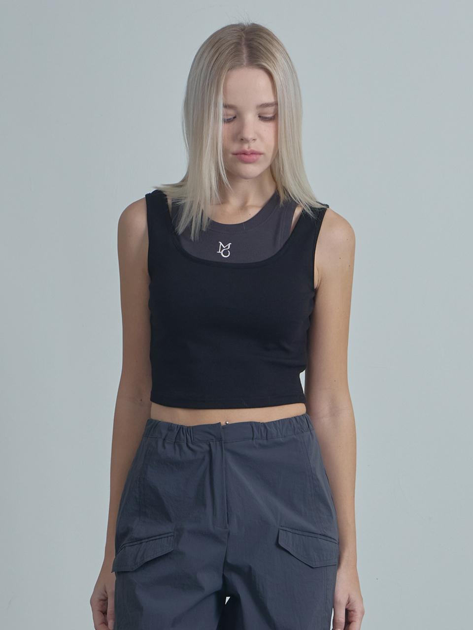 moire moa Double Sleeveless Top -Black