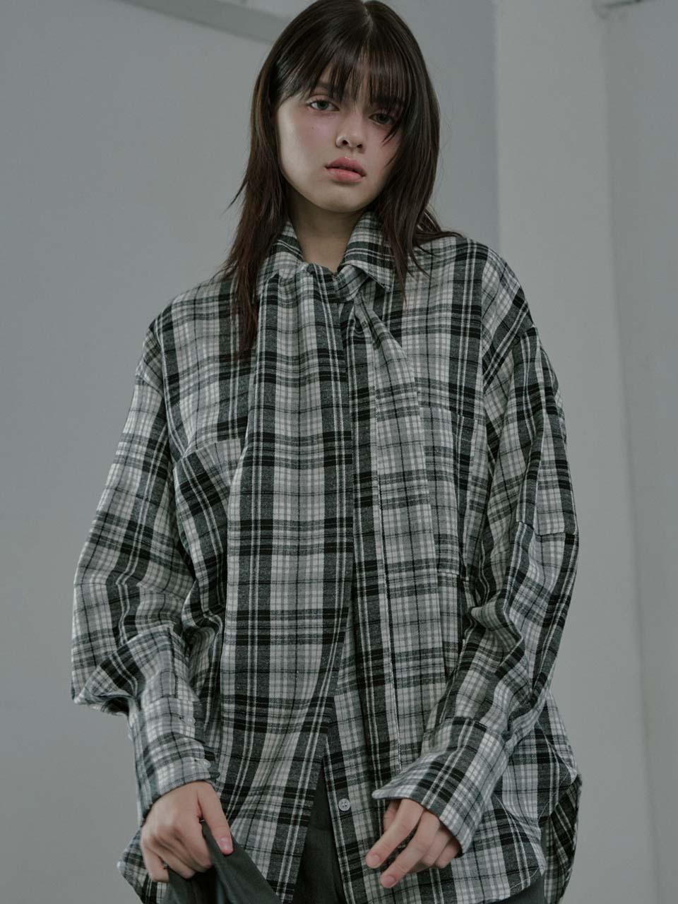 moire moa Round Sleeve Tie Check Shirt - Black