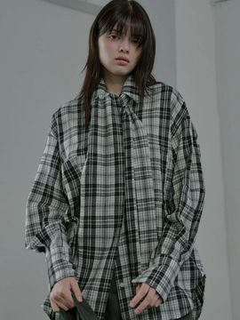 moire moa Round Sleeve Tie Check Shirt - Black