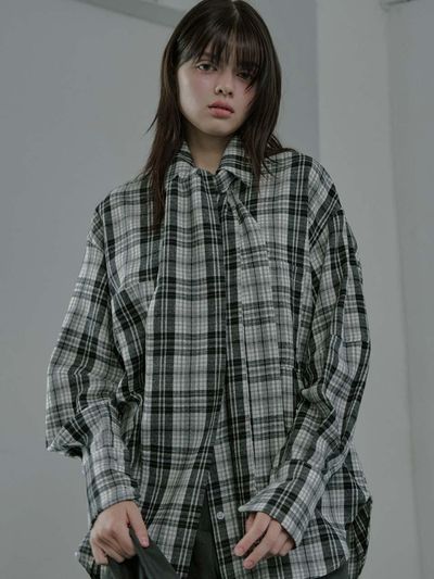 moire moa Round Sleeve Tie Check Shirt - Black