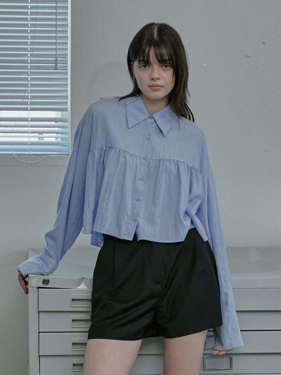 moire moa Shirring Layered Blouse-Blue