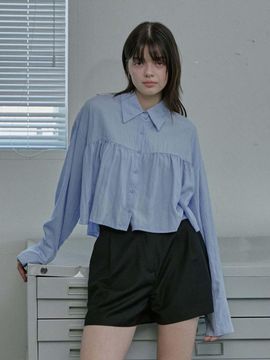 moire moa Shirring Layered Blouse-Blue