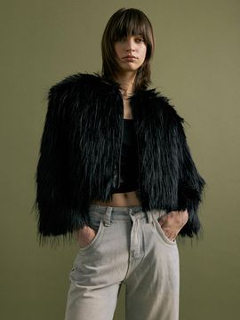molliolli JX zip up crop fur jacket [black]