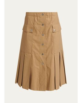 Moncler Cotton-Blend Pleated A-Line Midi Skirt