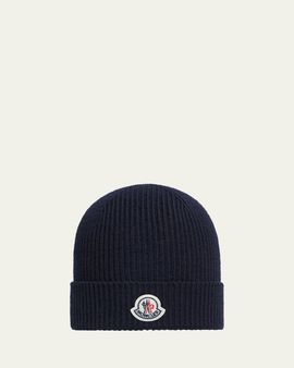 Moncler Men's Logo Emblem Wool-Knit Beanie Hat