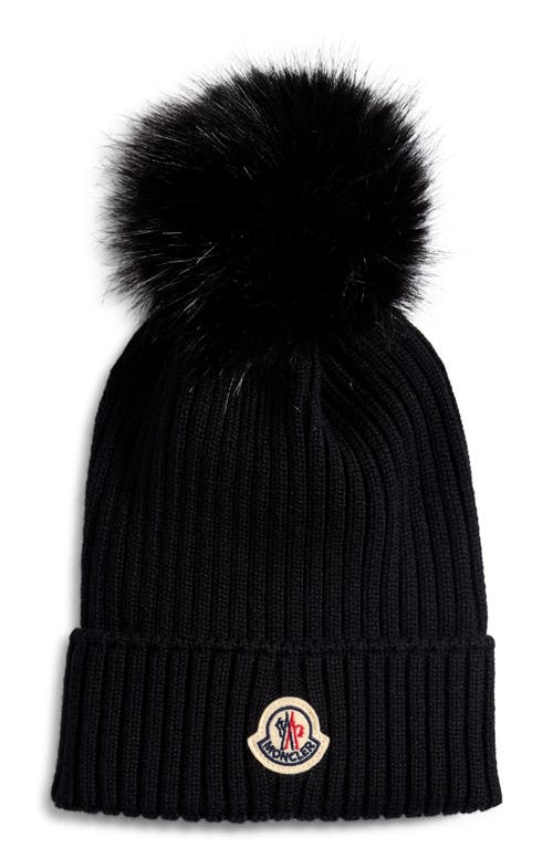 Moncler Moncler Kids' Merino Wool Rib Beanie with Faux Fur Pompom