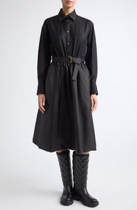 Moncler Moncler Mixed Media Long Sleeve Belted Wool & Nylon Shirtdress