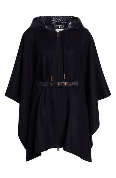 Moncler Moncler Zip Padded Wool Blend Hooded Cape