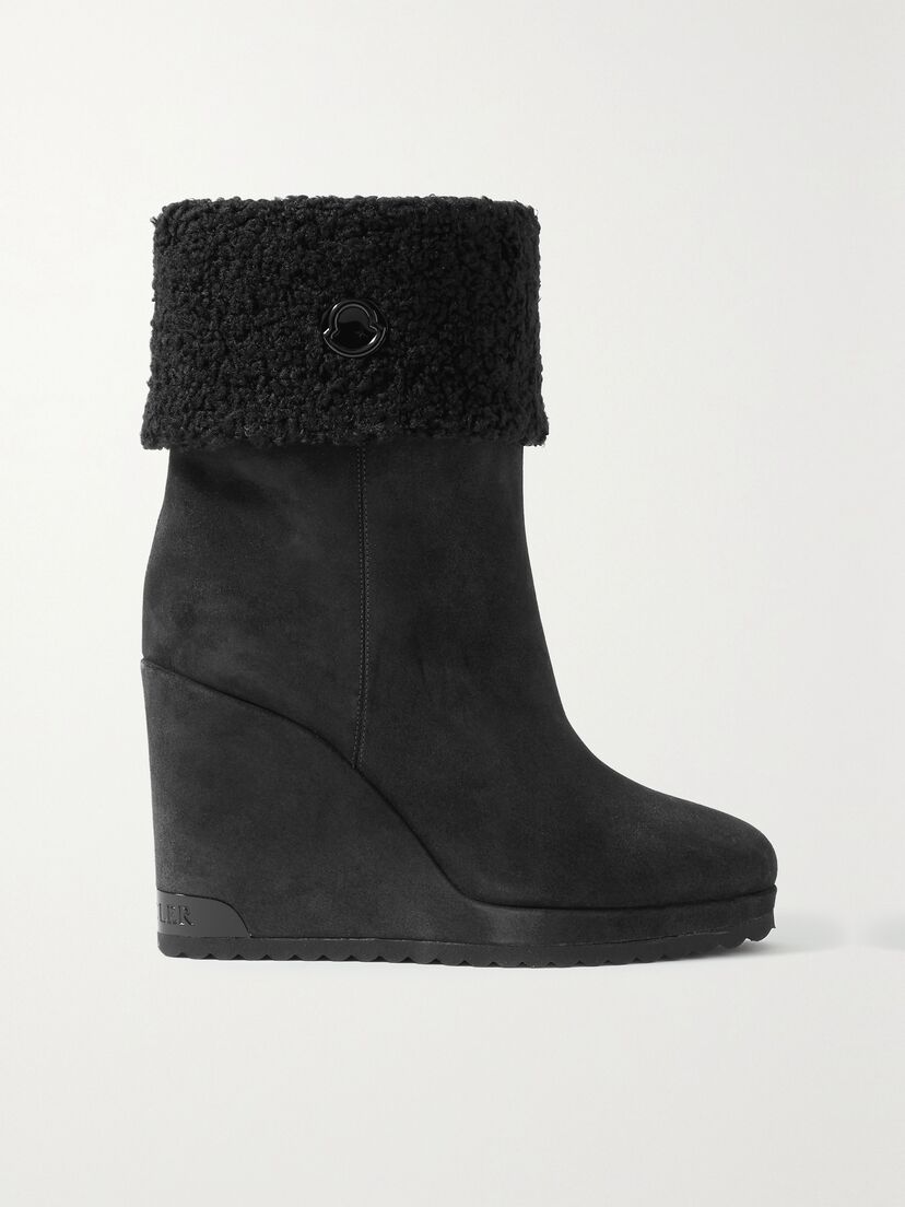 MONCLER W Short plush-lined suede wedge ankle boots