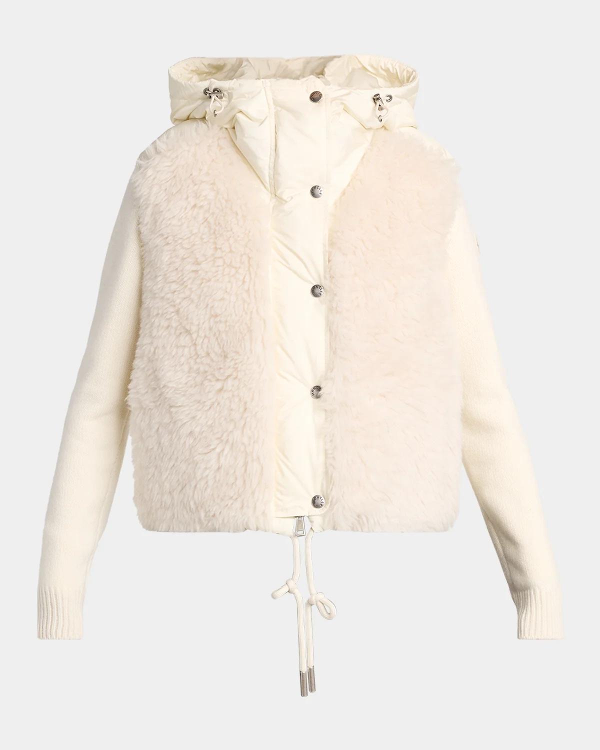 Moncler Wool and Cashmere Blend Padded Zip-Up Cardigan with Faux Fur