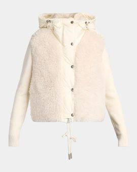 Moncler Wool and Cashmere Blend Padded Zip-Up Cardigan with Faux Fur
