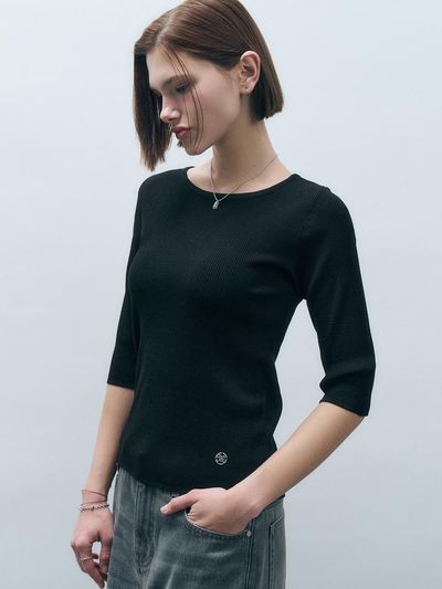 MONGDOL Boat neck 3/4 sleeve knit sweater (MDKT111BLACK) [black]