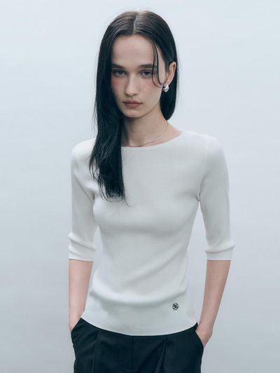 MONGDOL Boat Neck 3/4 Sleeve Knit Sweater (MDKT111WHITE) [WHITE]