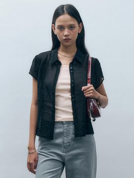 MONGDOL Crinkle See-through Short Puff Sleeve Shirt [Black] (MDSH022BLACK)