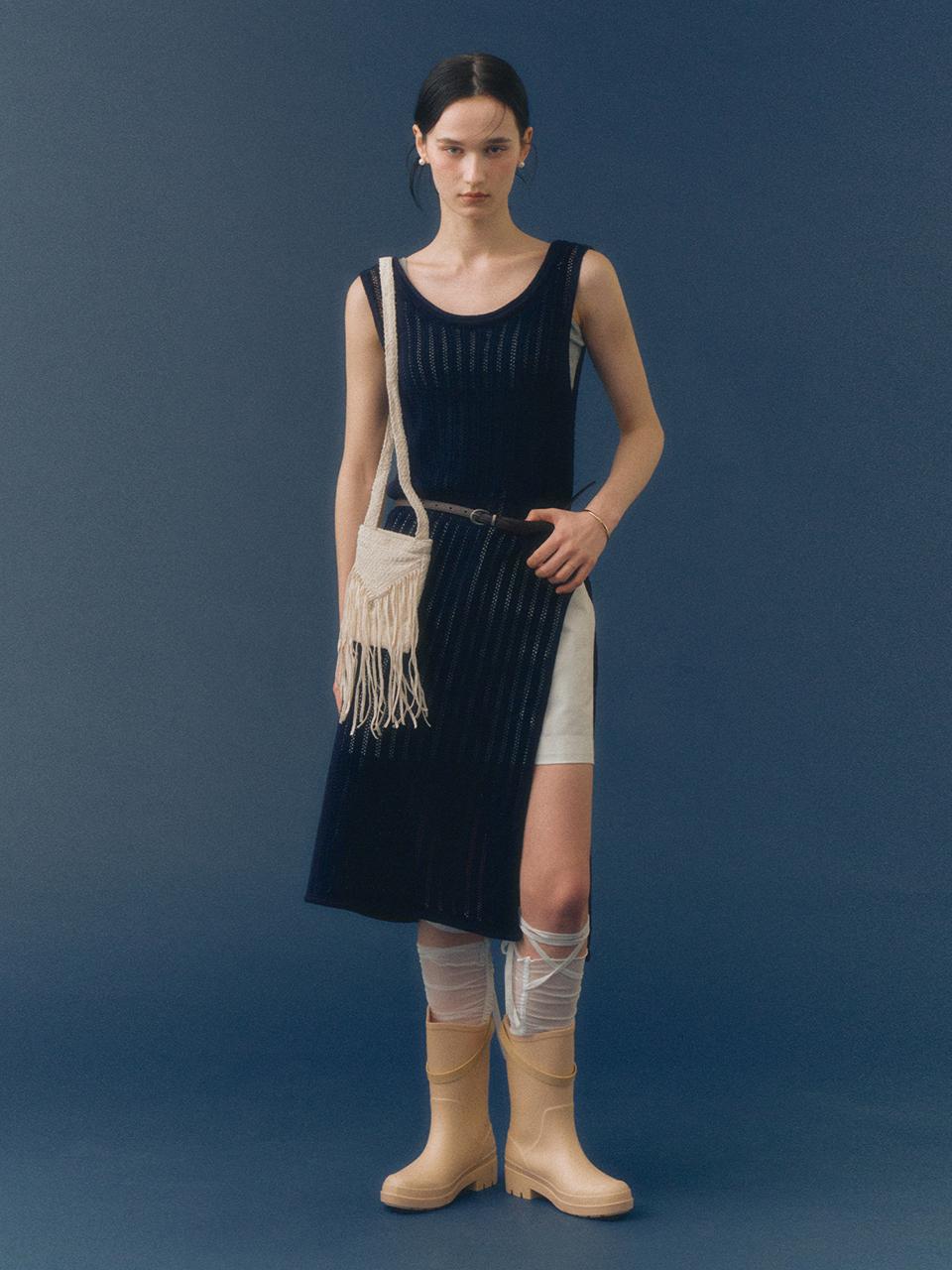 MONGDOL Crochet Knit Layered Dress [Navy] (MDOP053NAVY)