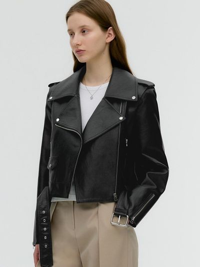 MONGDOL Denim Mixed Fake Leather Jacket - Black