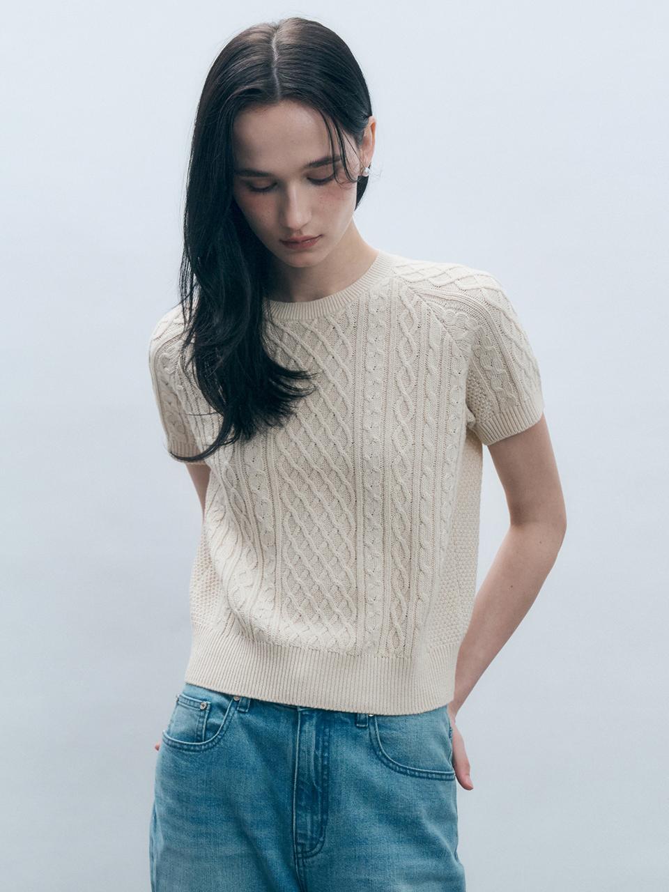MONGDOL Italian Cable Round Neck Short Sleeve Sweater (MDKT100)