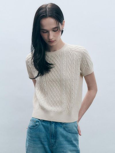 MONGDOL Italian Cable Round Neck Short Sleeve Sweater (MDKT100)