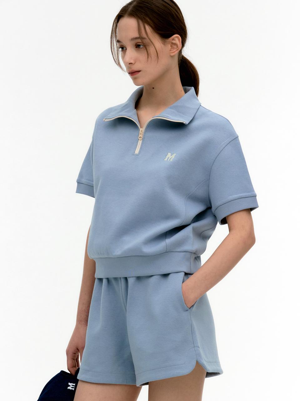 MONGDOL Logo Half-Zip Short Sleeve Sweatshirt Blue MDTS050BLUE